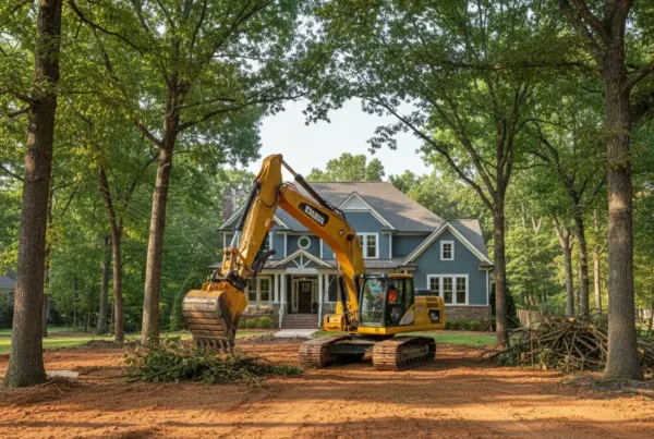 Excavator performing dirt work and land clearing on a wooded residential lot in Gahanna.