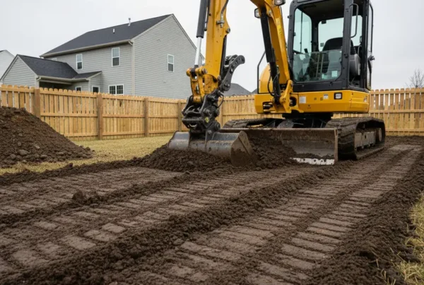Compact excavator performing dirt work and grading on a residential lot with heavy clay.