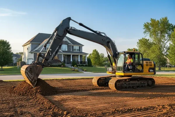 Excavator performing dirt work and grading on a residential lot in Lewis Center, Ohio.