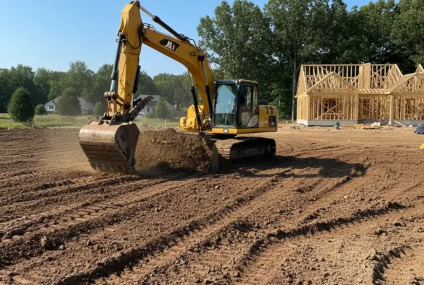 Excavator performing dirt work and grading on a residential lot in Orange Township, Ohio.