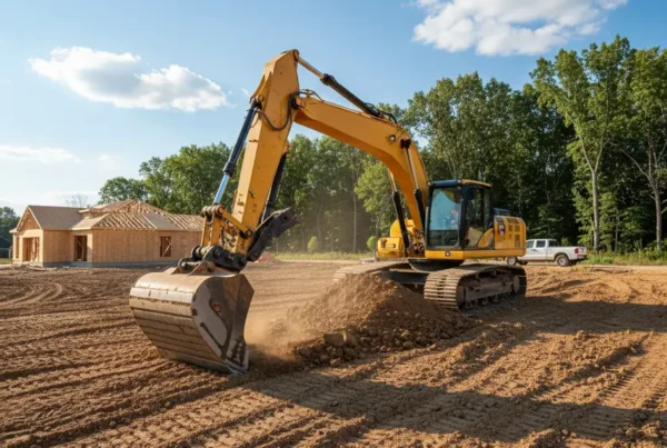 Excavator performing dirt work and grading on a large residential lot in Sunbury, Ohio.