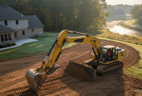 Excavator performing dirt work and grading on a residential lot in Heath, Ohio.