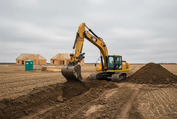 Excavator performing dirt work in a flat field with heavy clay soil in Union County, Ohio.