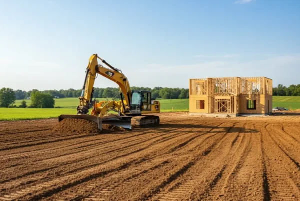 Excavator performing dirt work and grading on a rolling lot in Delaware County, Ohio.