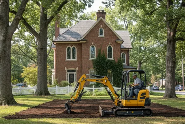 Mini excavator performing dirt work in the backyard of a historic Bexley, Ohio home.
