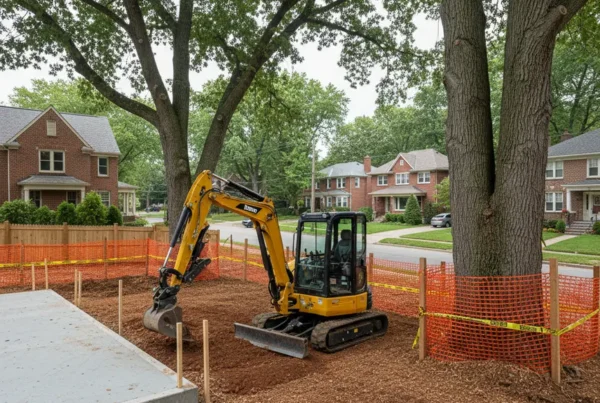 Mini-excavator performing dirt work on a narrow Dublin lot with large preserved trees.