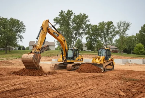 Excavator and bulldozer performing dirt work on a gently rolling residential lot in Westerville.