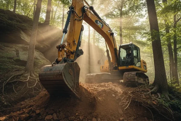 Excavator performing dirt work on a steep, forested slope in Fairfield County, Ohio.