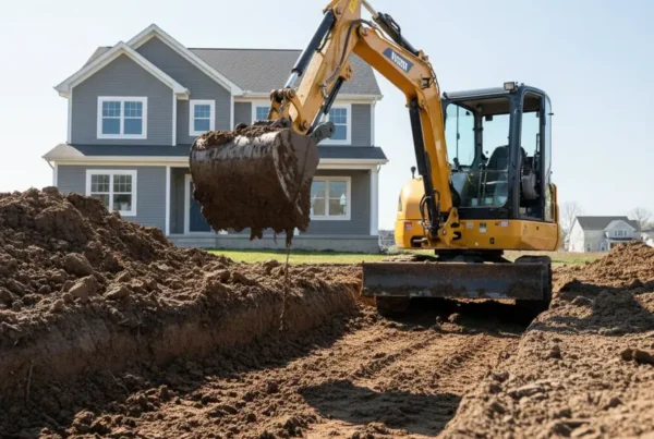 Compact excavator digging a new driveway in heavy clay soil in Franklin County.