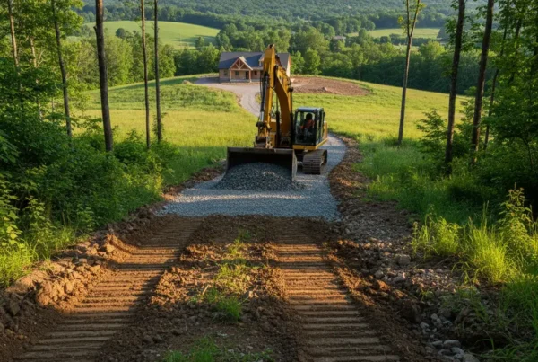 Excavator grading a new driveway on a sloped residential property in Licking County, Ohio.