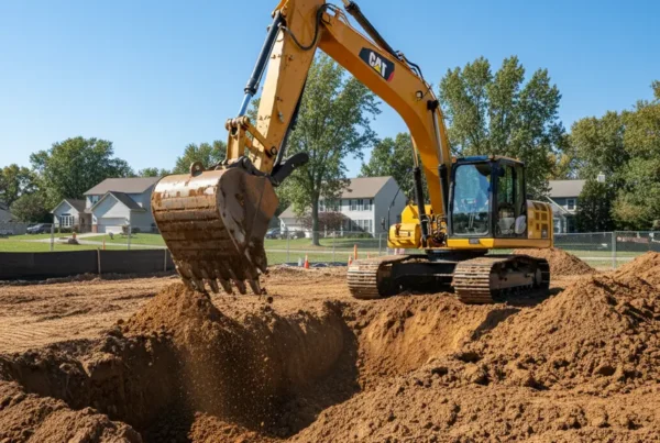 Excavator digging a foundation trench in heavy clay soil in Franklin County, Ohio.