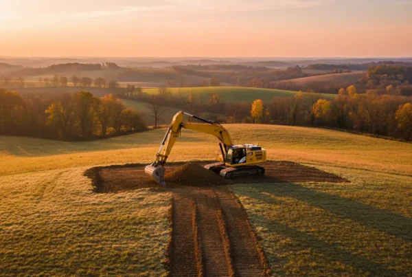 Excavator performing earthwork and grading on a rolling hill in Licking County, Ohio.