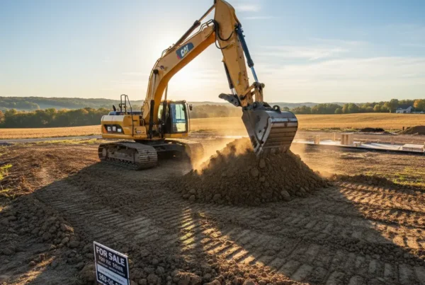 Excavator performing earthwork for a new home construction site in Delaware County, Ohio.