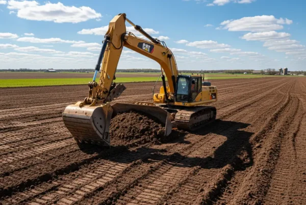 Excavator and bulldozer performing earthwork on a flat construction site in Union County, Ohio.