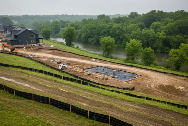 Silt fencing installed for erosion control at a construction site near the Olentangy River.