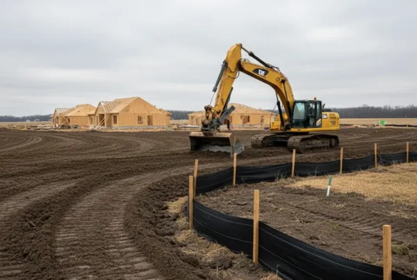 Excavator performing erosion control grading on a construction site in Union County, Ohio.