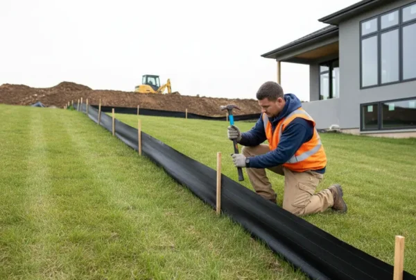 Construction worker installing silt fencing for erosion control on a residential property slope.