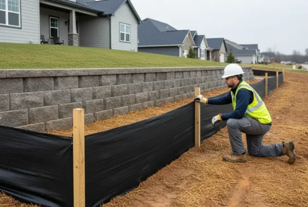 Worker inspecting erosion control measures for clay soil in a Franklin County yard.