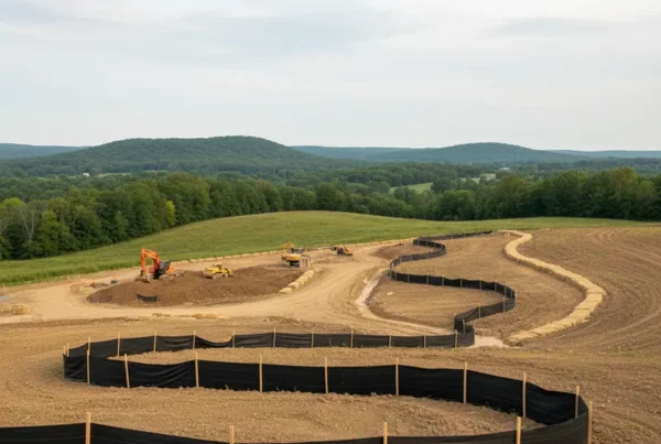 Silt fence installed for erosion control on a graded construction site with rolling hills.