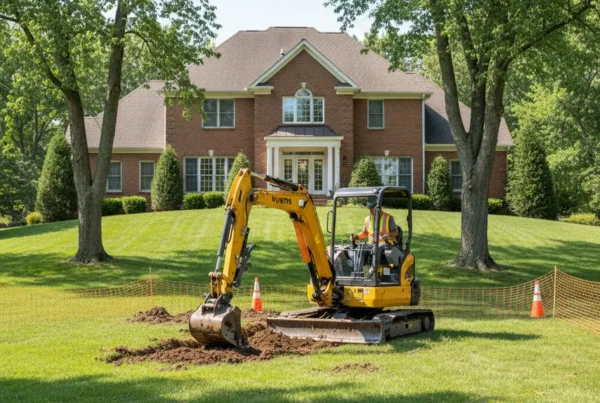 Excavator carefully working on a residential property with rolling terrain in Dublin, Ohio.