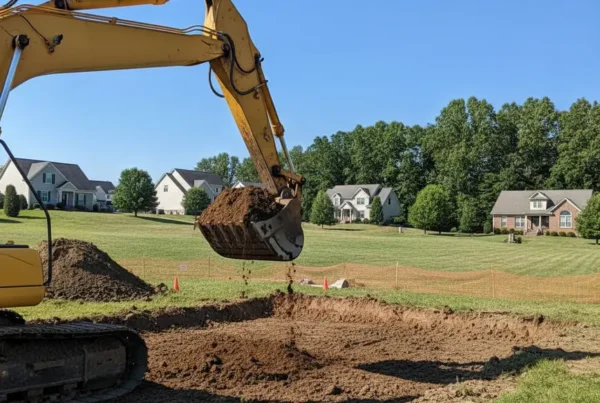 Excavator digging a new home foundation on a sloped residential lot in Gahanna, Ohio.