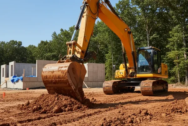 Excavator digging into heavy clay soil for a new home foundation in Amanda, Ohio.