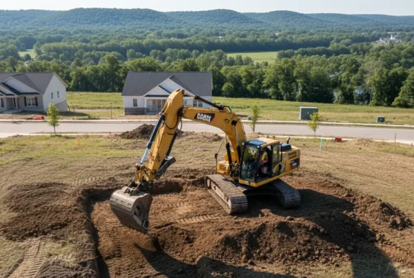 Excavator working on a new home foundation in a hilly Delaware County, Ohio neighborhood.