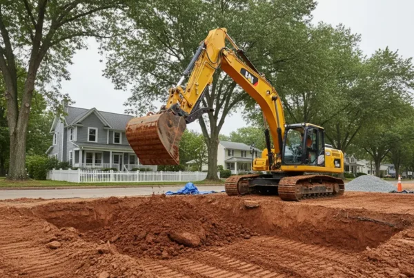 Excavator digging a foundation in clay soil for a new home in Lithopolis, Ohio.