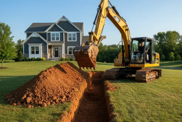 Excavator digging a foundation in the clay-heavy soil of a residential Orange Township property.