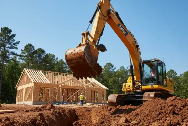 Excavator digging a foundation on a residential construction site in Ostrander, Ohio.
