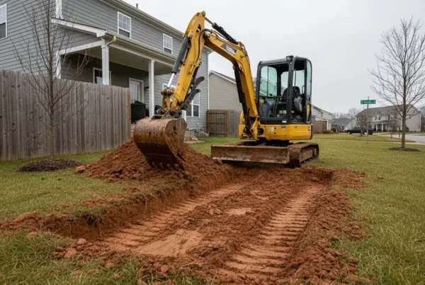 Mini-excavator digging a foundation in a tight residential backyard with heavy clay soil.