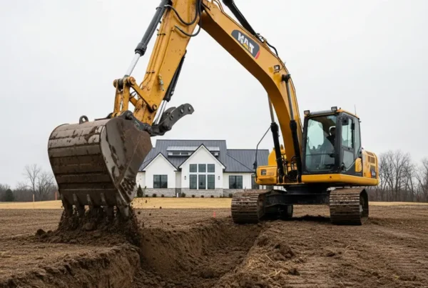 Excavator digging a drainage trench on a flat residential lot in Milford Center, Ohio.