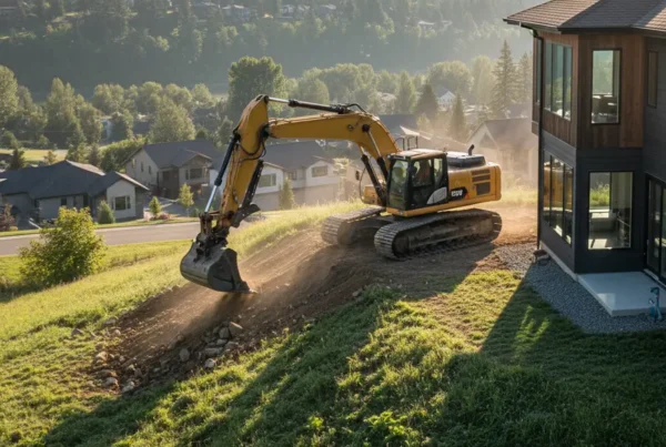 An excavator carefully grading a steep residential hillside in Newark, Ohio.