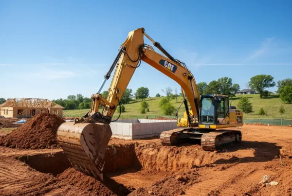 Excavator digging a new home foundation in a Galena, Ohio suburban neighborhood.