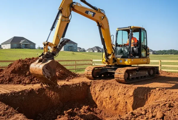 Compact excavator digging a foundation for a new house in a Westerville North neighborhood.