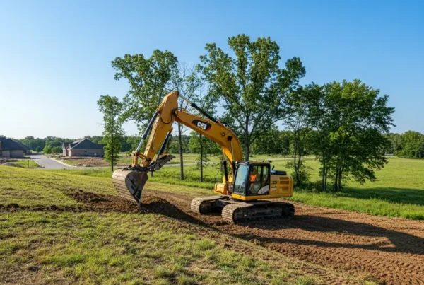 An excavator carefully grading a sloped residential lot with trees in Lewis Center, Ohio.