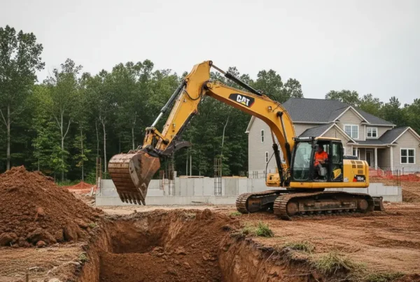 Excavator digging a foundation in heavy clay soil at a Hanover, Ohio homesite.