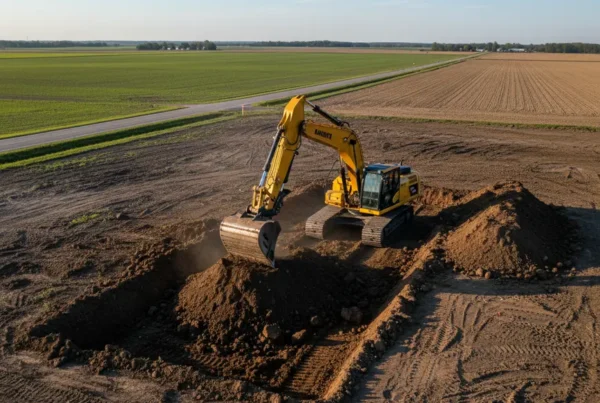 Excavator digging a foundation trench in heavy clay soil in Union County, Ohio.