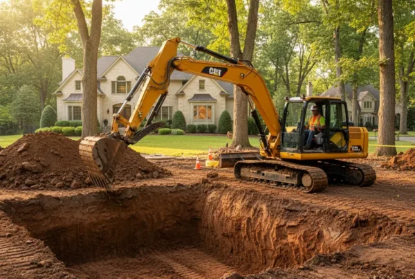 Excavator working on a residential foundation in Upper Arlington with heavy clay soil.