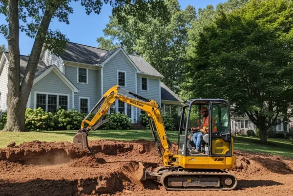 Compact excavator grading a sloped residential lot with clay soil in Grandview Heights.