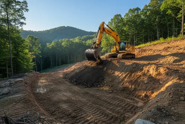 Excavator working on a steep, sloped residential construction site in Fairfield County, Ohio.