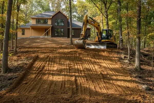 Excavator carefully grading a steep, wooded residential property in Granville, Ohio.