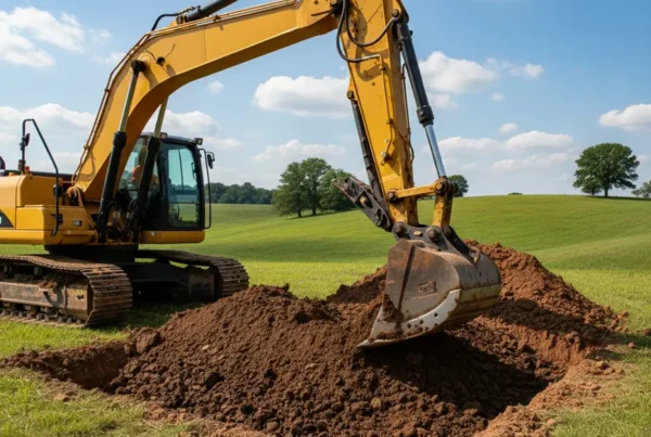 Excavator digging a new home foundation on a rolling hill in Licking County, Ohio.