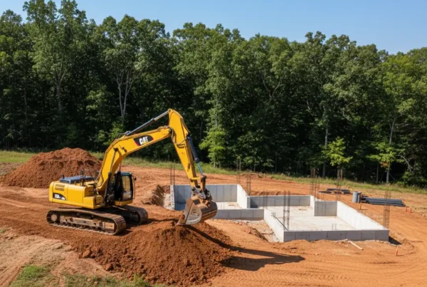 Excavator working on a sloped residential lot with clay soil in Johnstown, Ohio.