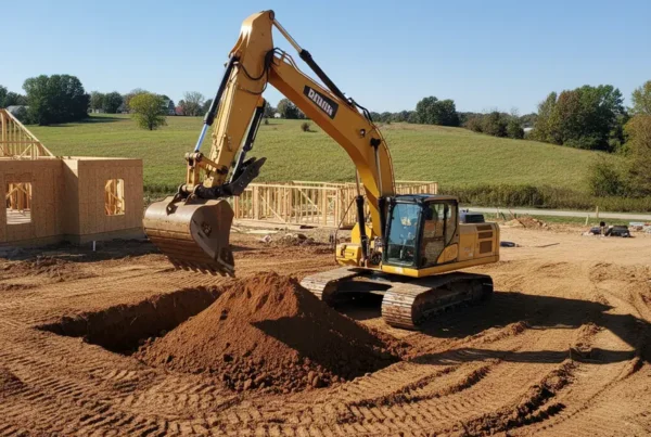 An excavator working on a new home foundation in a hilly, suburban Etna, Ohio setting.