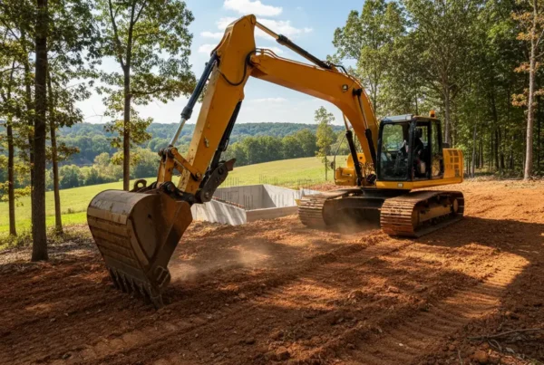 Excavator grading a sloped residential property with mature trees in Hebron, Ohio.