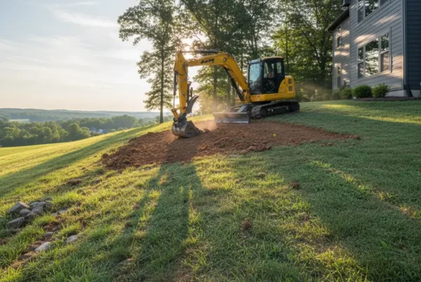 Compact excavator grading a steep residential hillside with clay soil in Lancaster, Ohio.