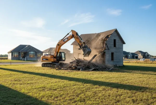 Excavator demolishing an old farmhouse in a growing suburban neighborhood in Pataskala, Ohio.