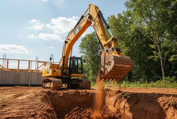 Excavator digging into clay soil for a new home foundation in New Albany, Ohio.
