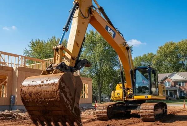 Excavator digging into heavy clay soil during site preparation on a Worthington, Ohio lot.